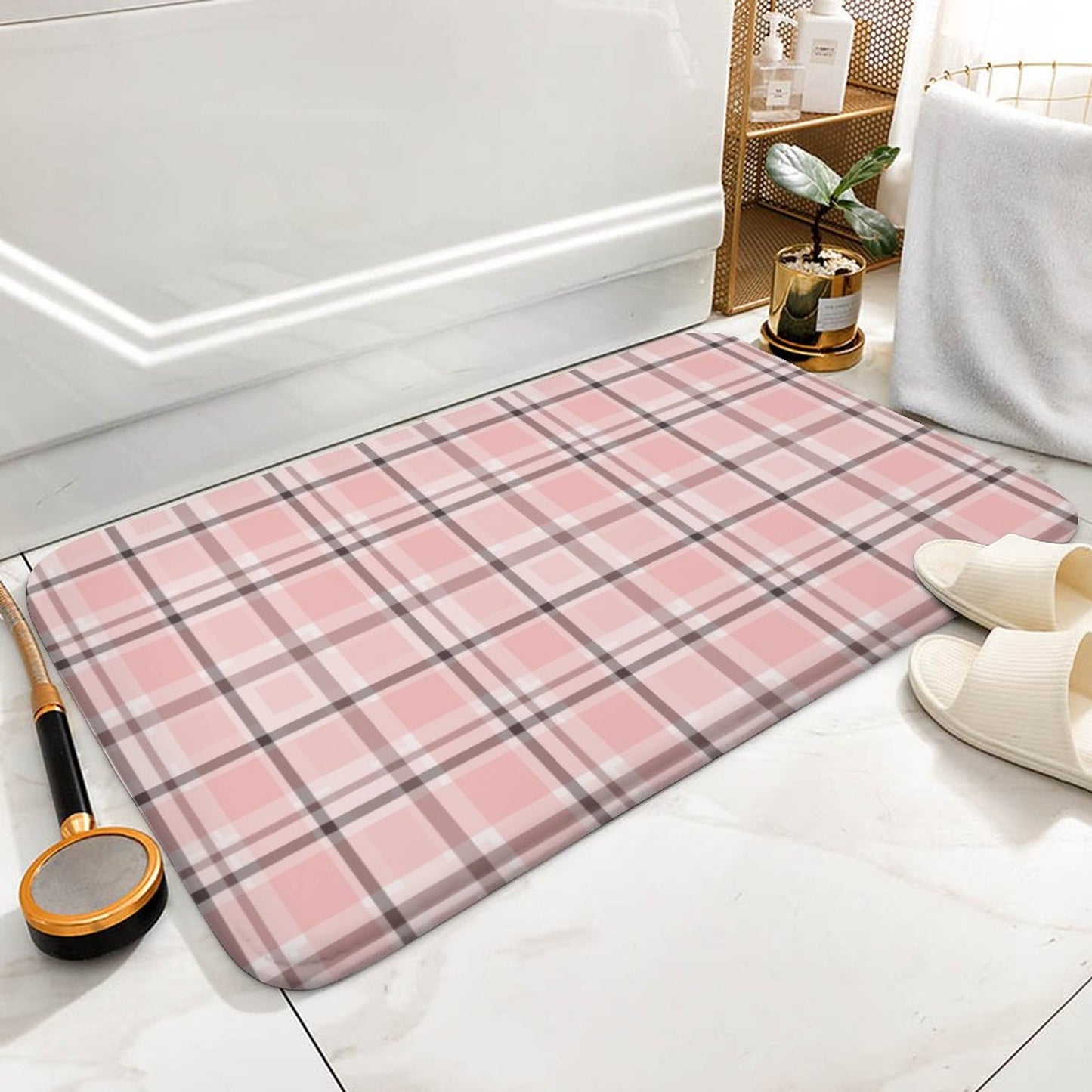 Plush Bath Mat- Pink Chocolate Plaid