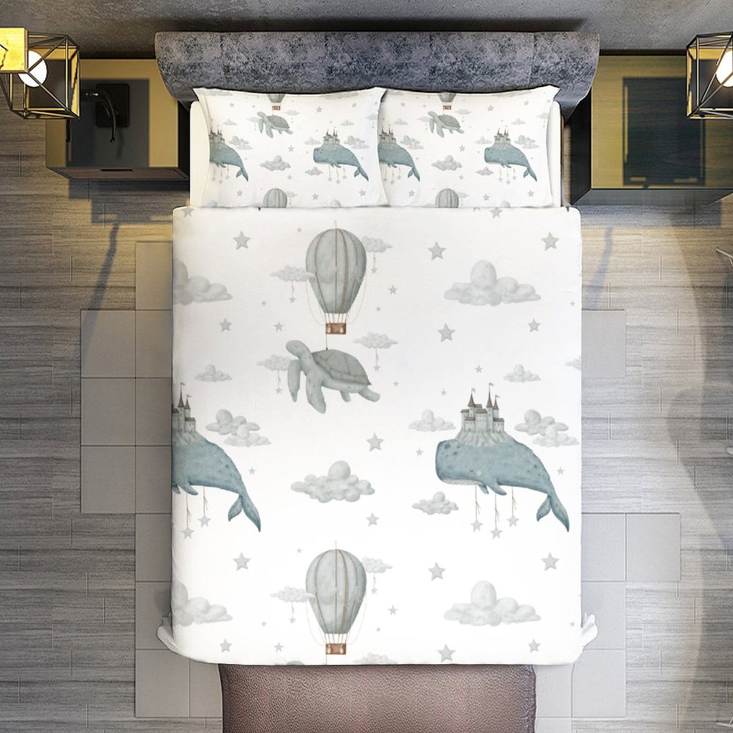 Whale Clouds 3-Piece Duvet Bedding Set-90"x90" Full/Queen Reversible Children's Duvet Cover Set