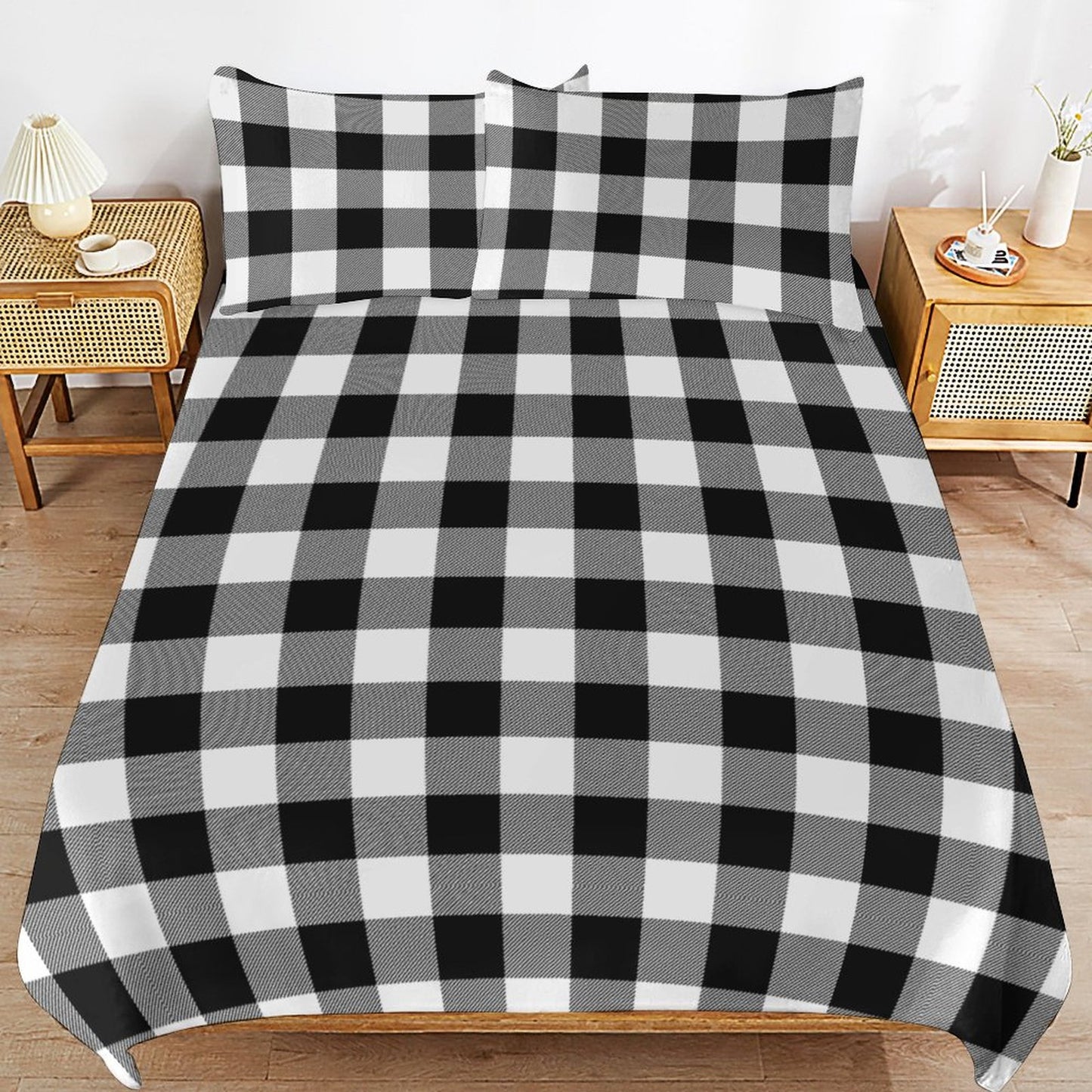 Black White Buffalo Plaid 3-Piece Bedding Set-90"x90" Full, Queen Holiday Plaid Duvet Cover Set