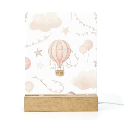 Watercolor Balloon Clouds Pink Acrylic Night Light with Wooden Base