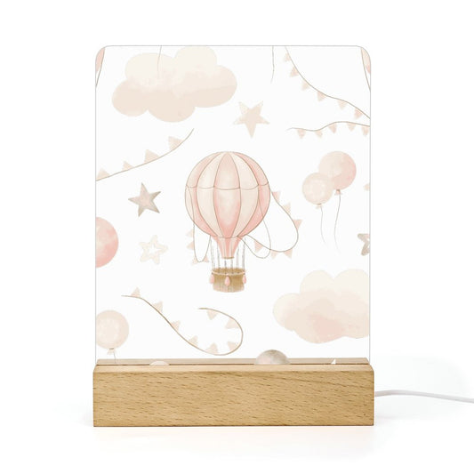 Watercolor Balloon Clouds Pink Acrylic Night Light with Wooden Base