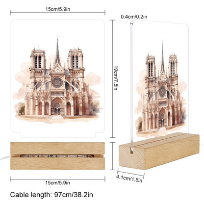 Watercolor Paris Cathedral Acrylic Night Light with Wooden Base