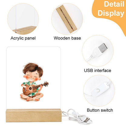 Watercolor Aloha Ukulele Boy Night Light with Wooden Base