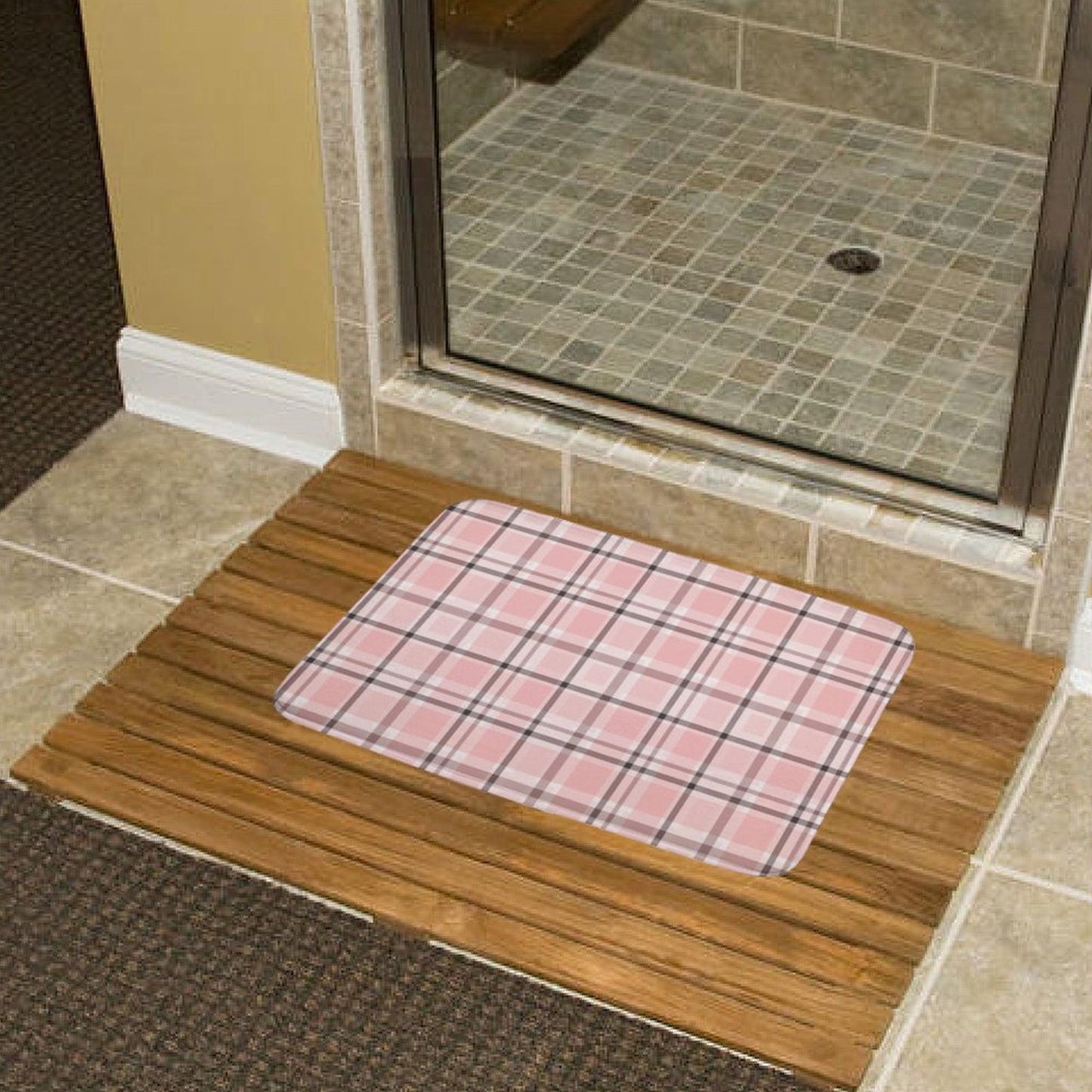 Plush Bath Mat- Pink Chocolate Plaid