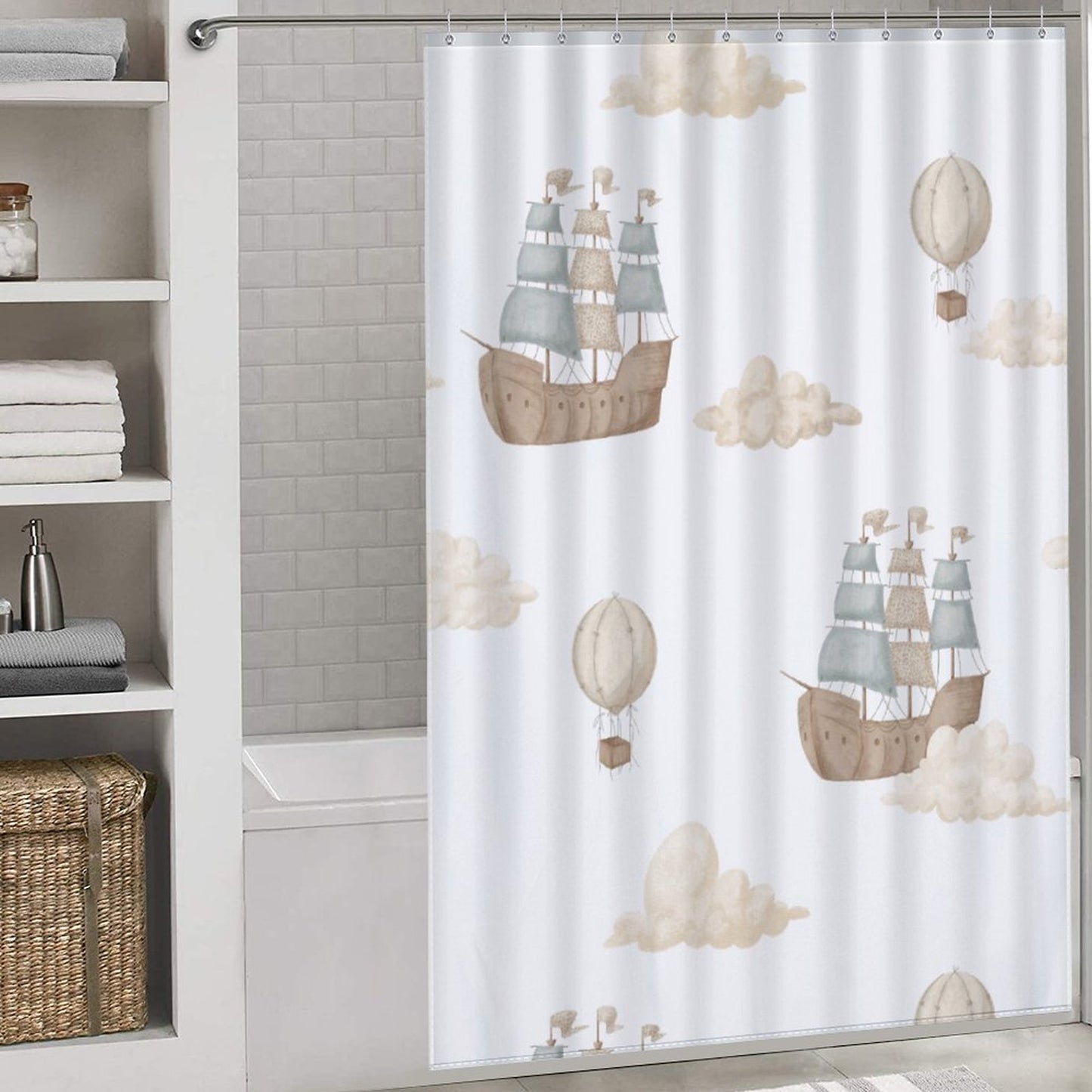 Lightweight Shower Curtain- Watercolor Pirate Ships