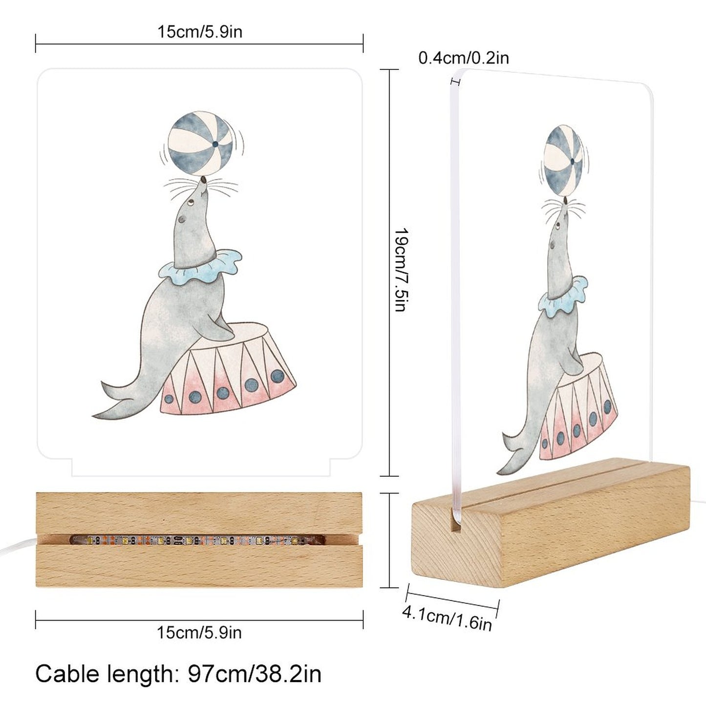 Watercolor Circus Seal Acrylic Night Light with Wooden Base