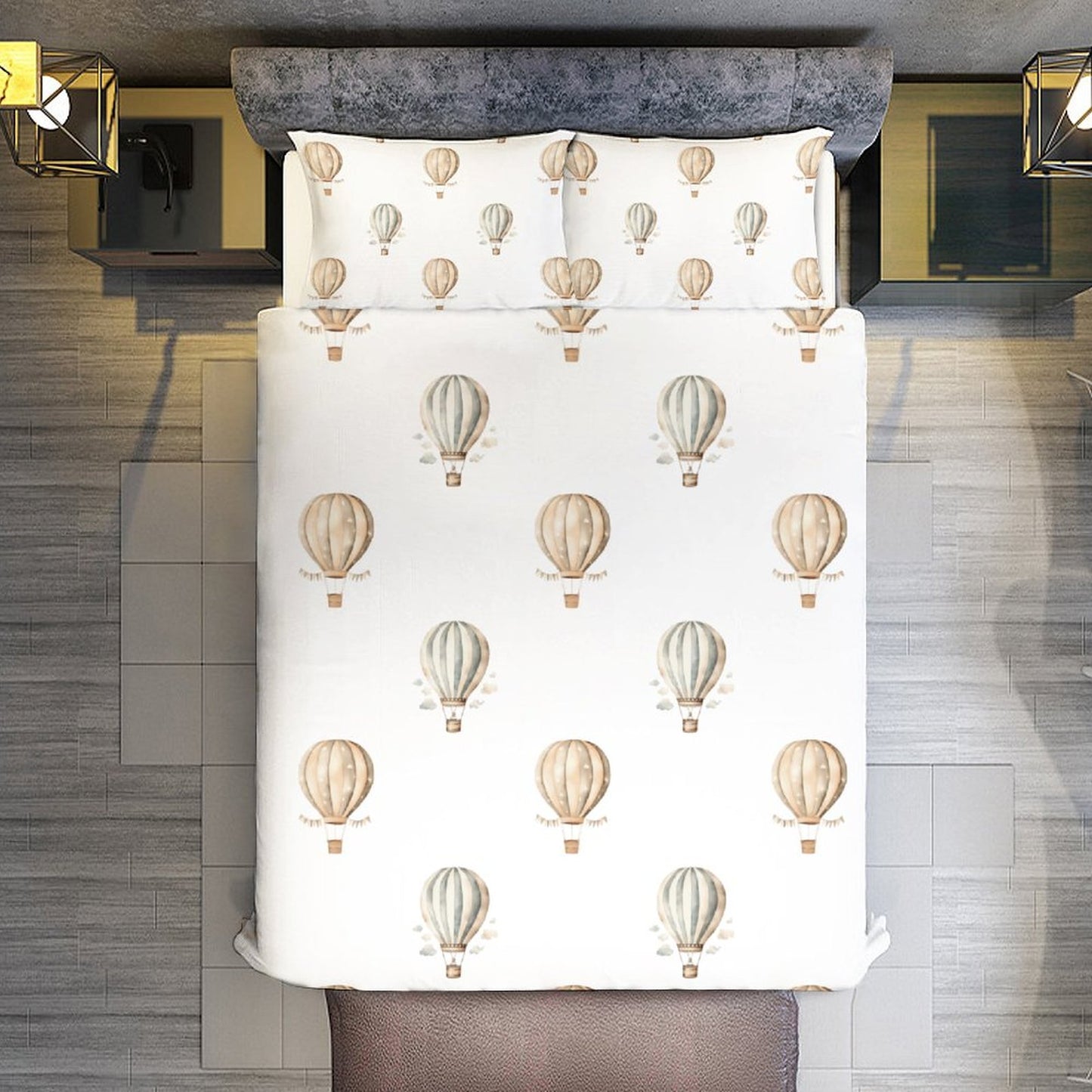 Neutral Hot Air Balloons Duvet Bedding Set-90"x90" Full-Queen, Reversible Duvet Cover Set