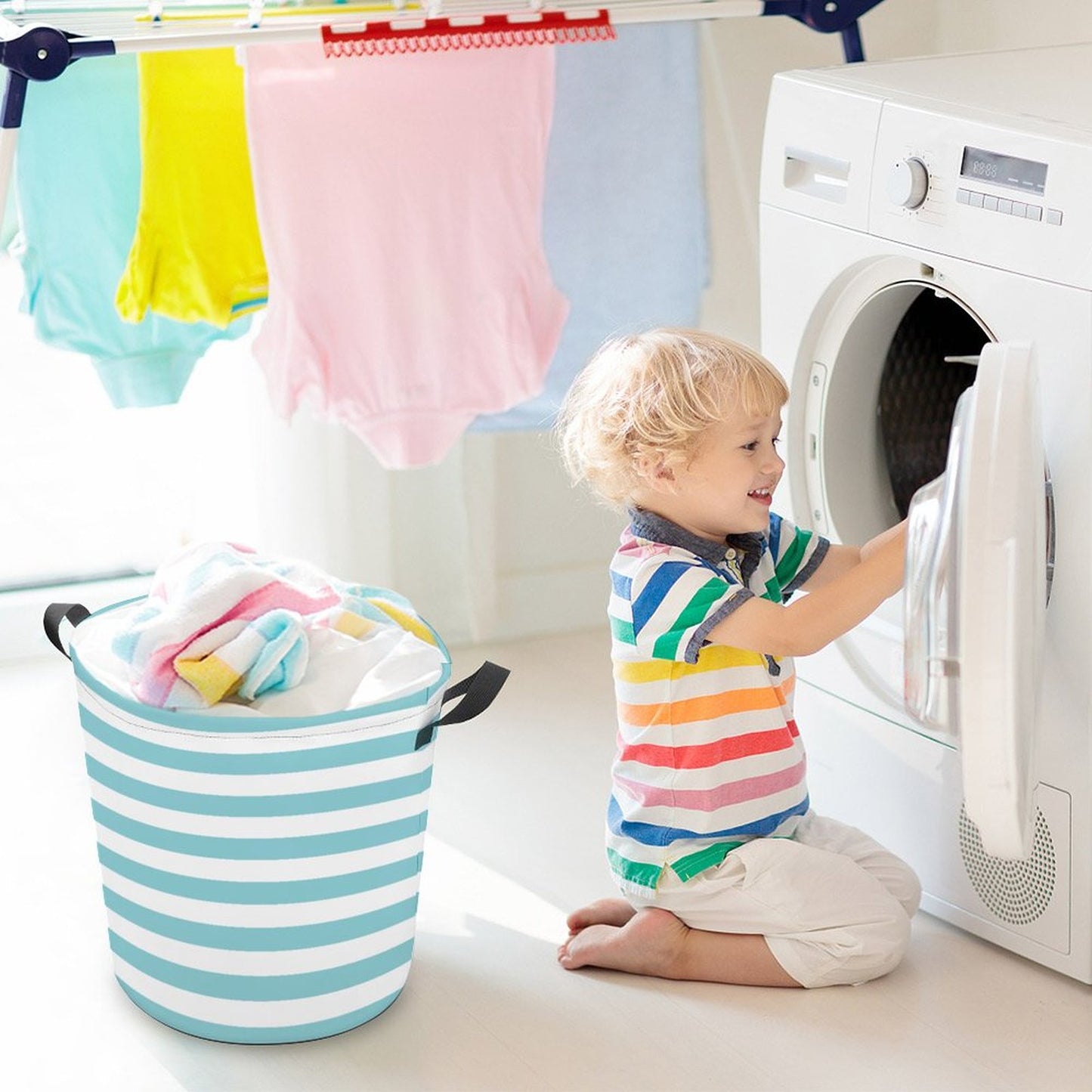 Collapsible Laundry Hamper- Nautical Stripes Aqua