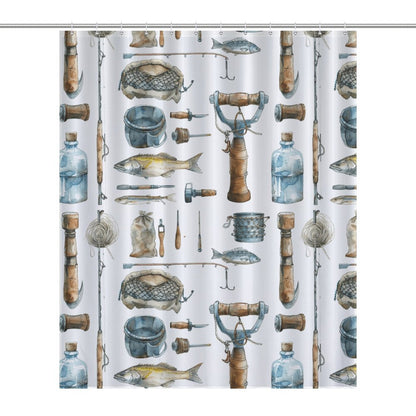 Lightweight Shower Curtain- Watercolor Fishing Tools