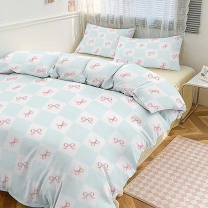 Blue Check Coquette Bows 3-Piece Bedding Set-90"x90" Full, Queen Reversible, Pink Blue Coquette Duvet Cover