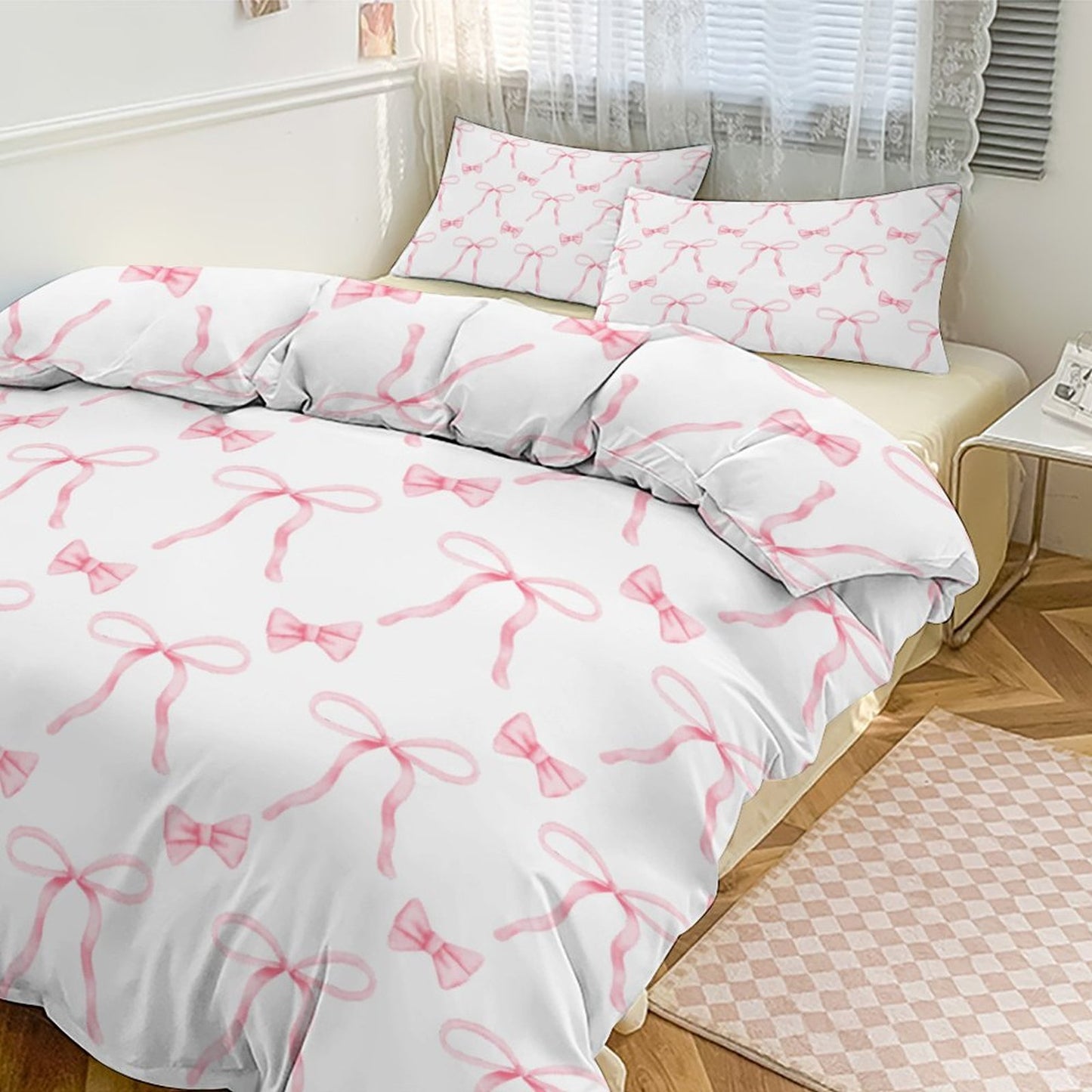 Coquette Duvet Bedding Set-90"x90" Full-Queen Watercolor Coquette Pink Bow Duvet